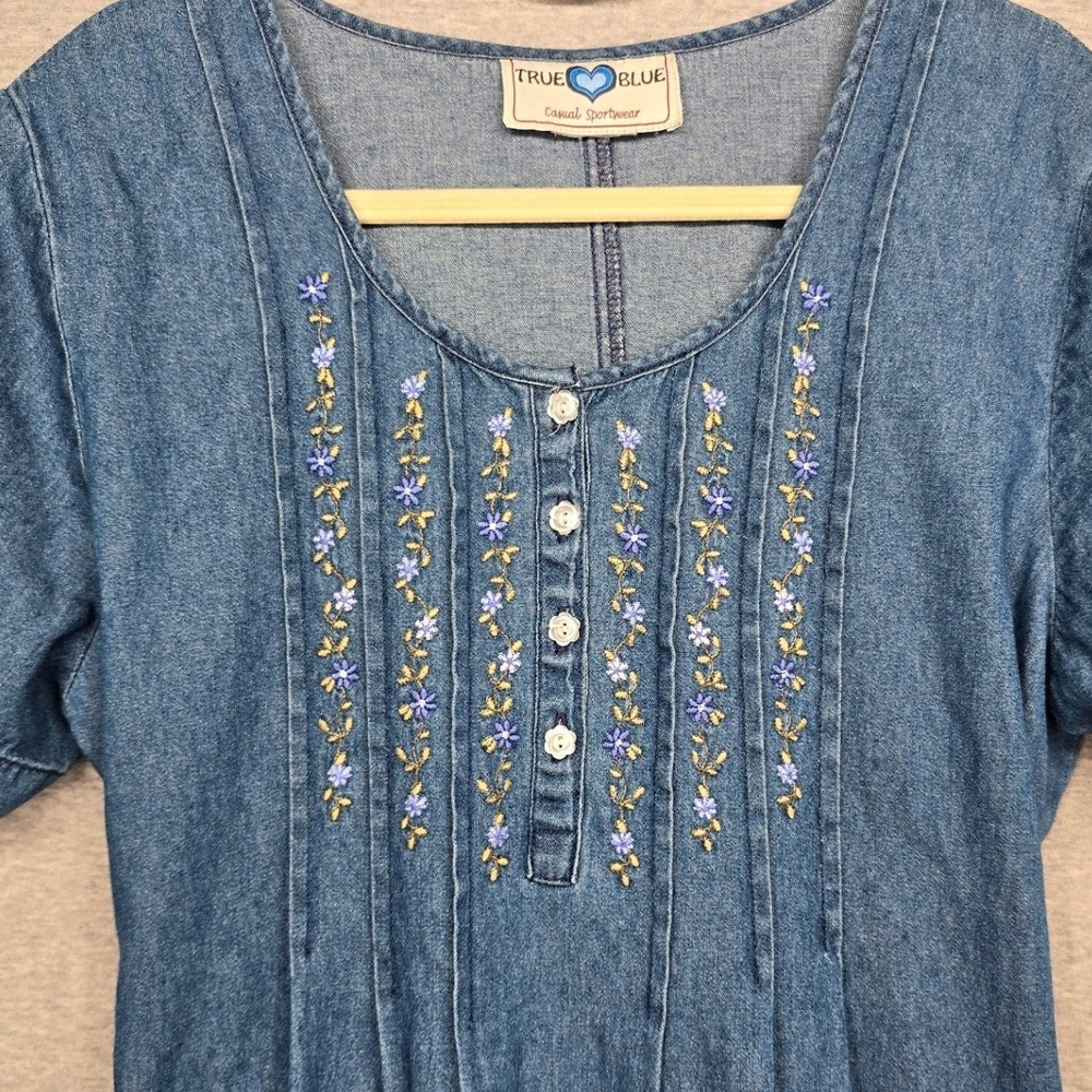 Vntg. 90s True Blue Chambray Denim Maxi Floral Embroidered Tie Back Cottagecore
